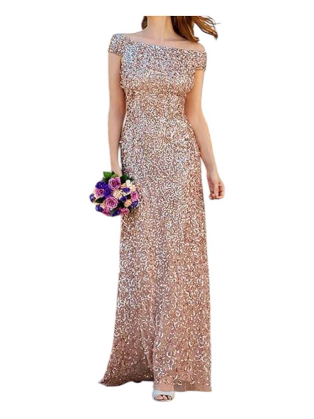 Adrianna Papell Rose Gold Sequin Maxi Dress